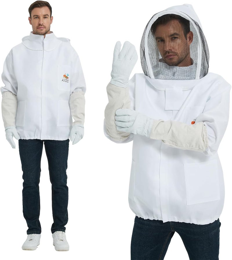 ANDES Bee Suit Jacket- Beekeeping Jacket for Men Women Smock with Veil- sting proof Professional Bee Jacket with Beekeeping sheepskin Gloves(XXL) - Image 1